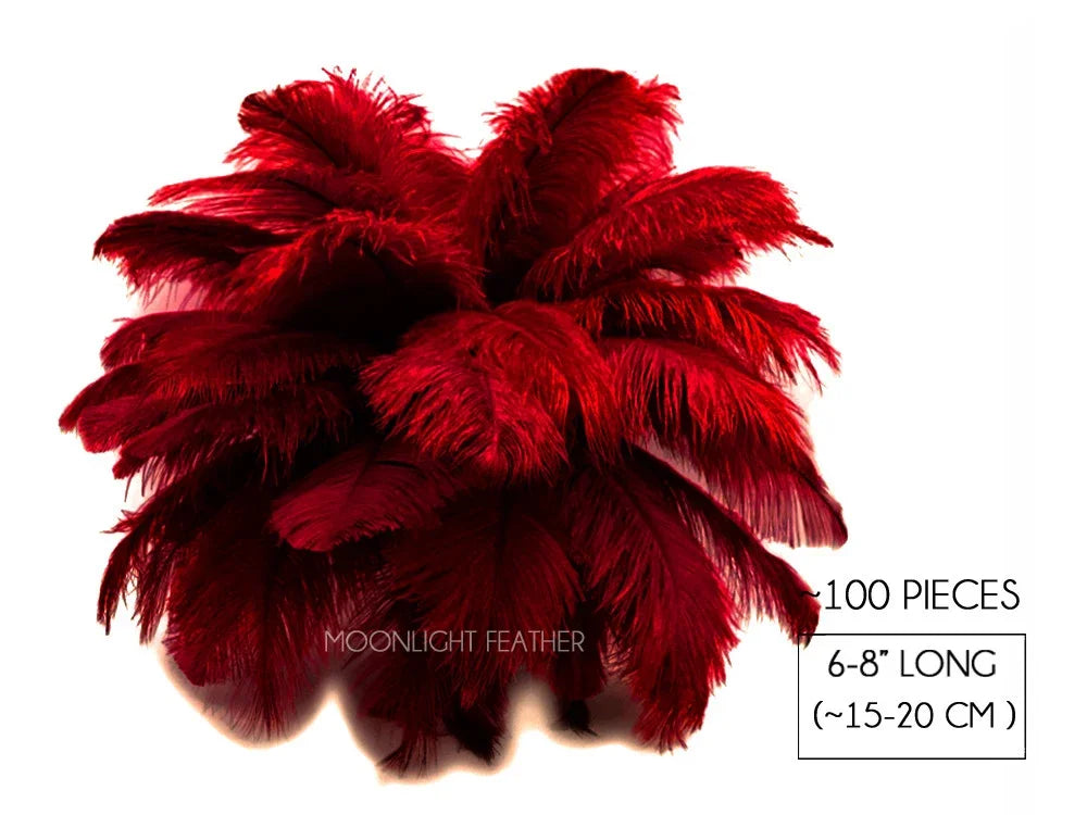 100 pieces of vibrant red ostrich feathers, 6-8 inches long for crafts and fashion decor.