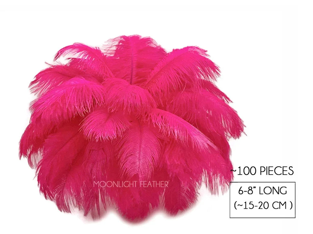 100 pieces of bright pink ostrich feathers, 6-8 inches long for DIY crafts and fashion decor.