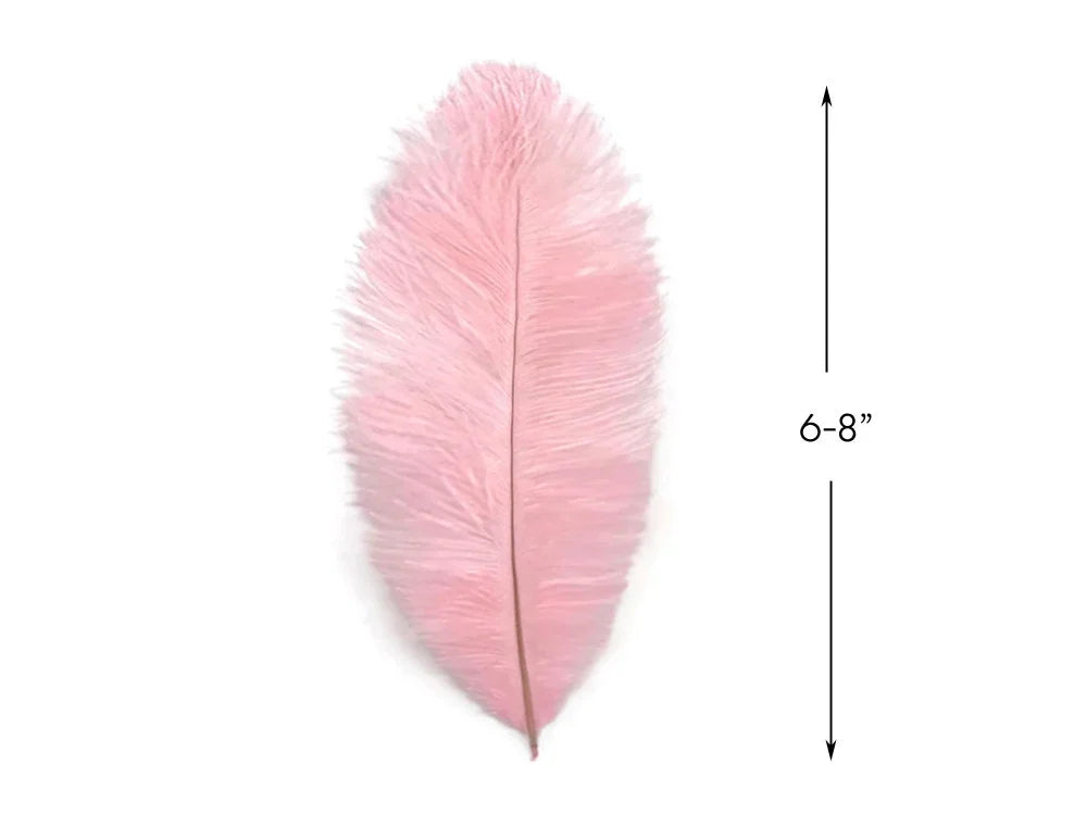 Soft pink craft feather, 6-8 inches long, for DIY fashion and decor.
