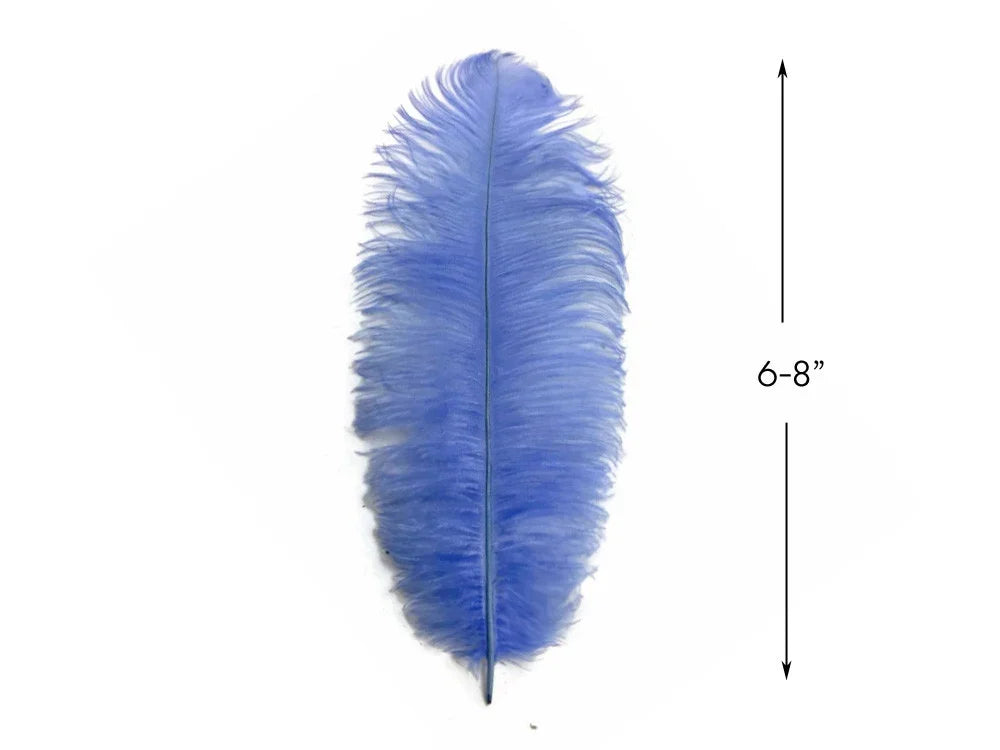 Single blue craft feather, 6-8 inches long, for DIY fashion and decor.