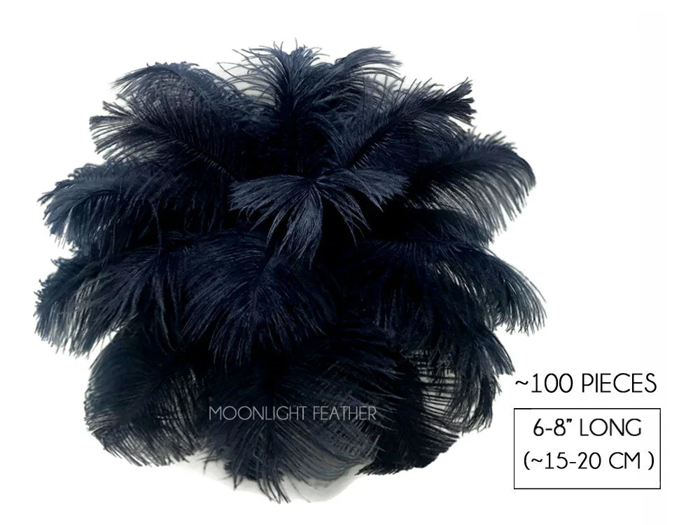Bundle of 100 navy blue ostrich feathers, 6-8 inches long for DIY crafts and fashion decor.