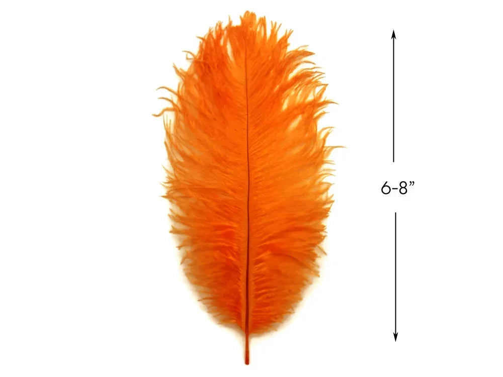 Bright orange craft feather, 6-8 inches long, for DIY fashion and decor.