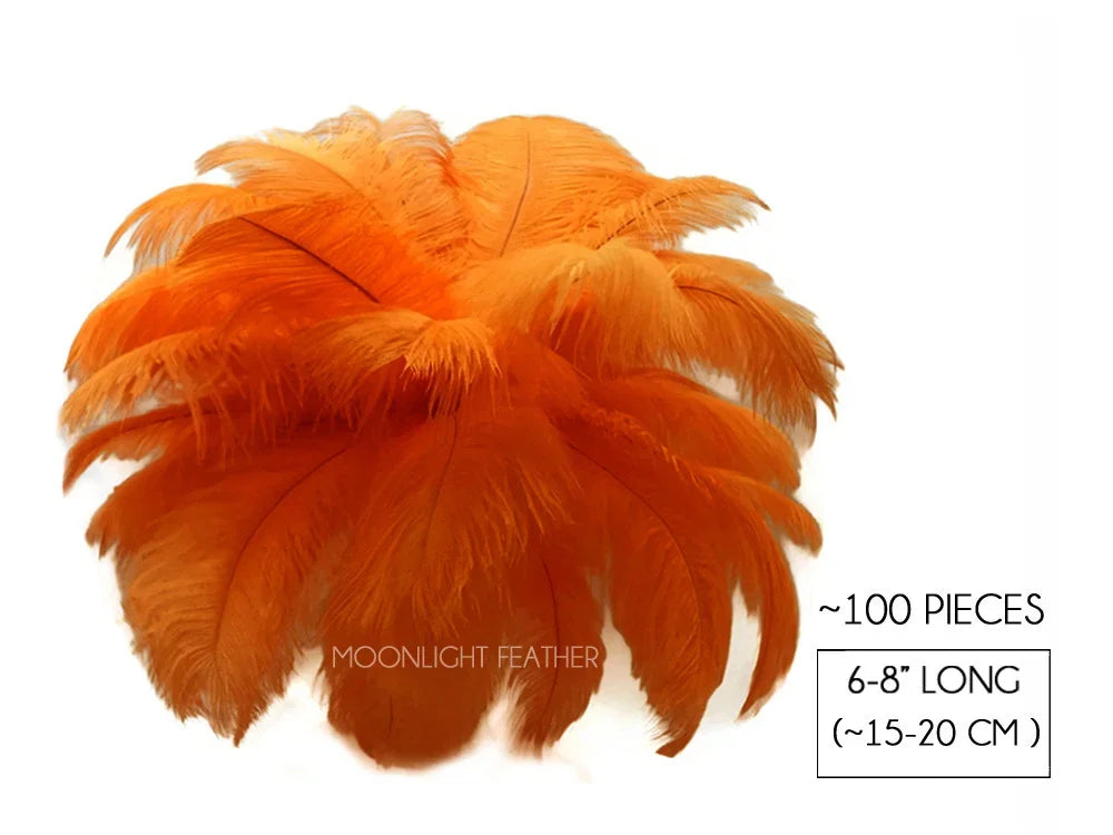 Bundle of 100 bright orange ostrich feathers, 6-8 inches long for DIY crafts and fashion.