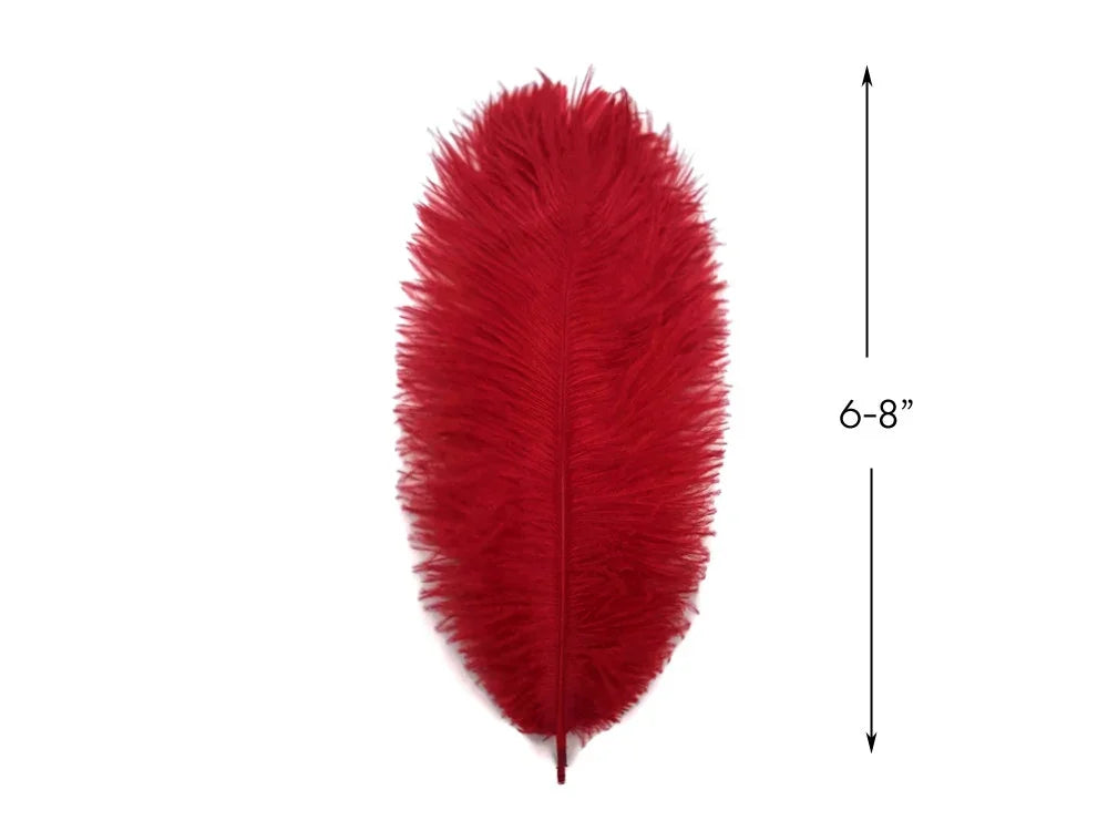 Single vibrant red feather for crafts and fashion decor, 6-8 inches long.