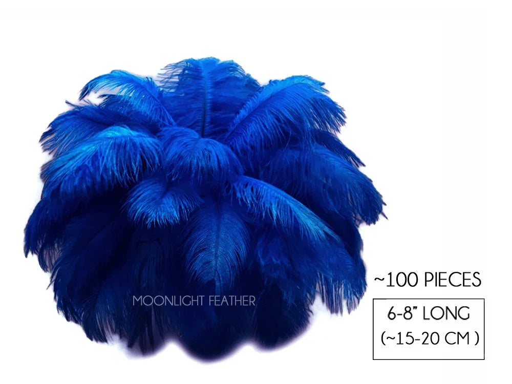 Bundle of 100 vibrant blue ostrich feathers for DIY crafts and fashion decor, 6-8 inches long.