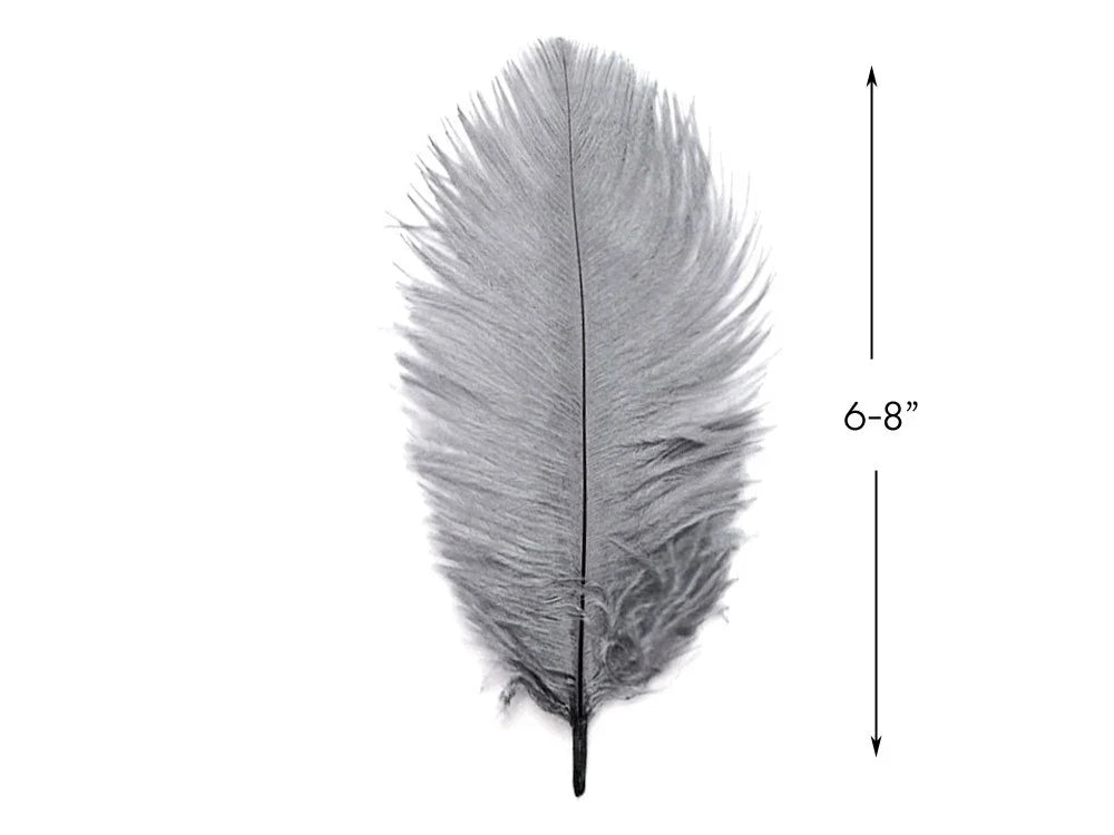 Single grey craft feather, 6-8 inches long, for DIY fashion and décor projects.