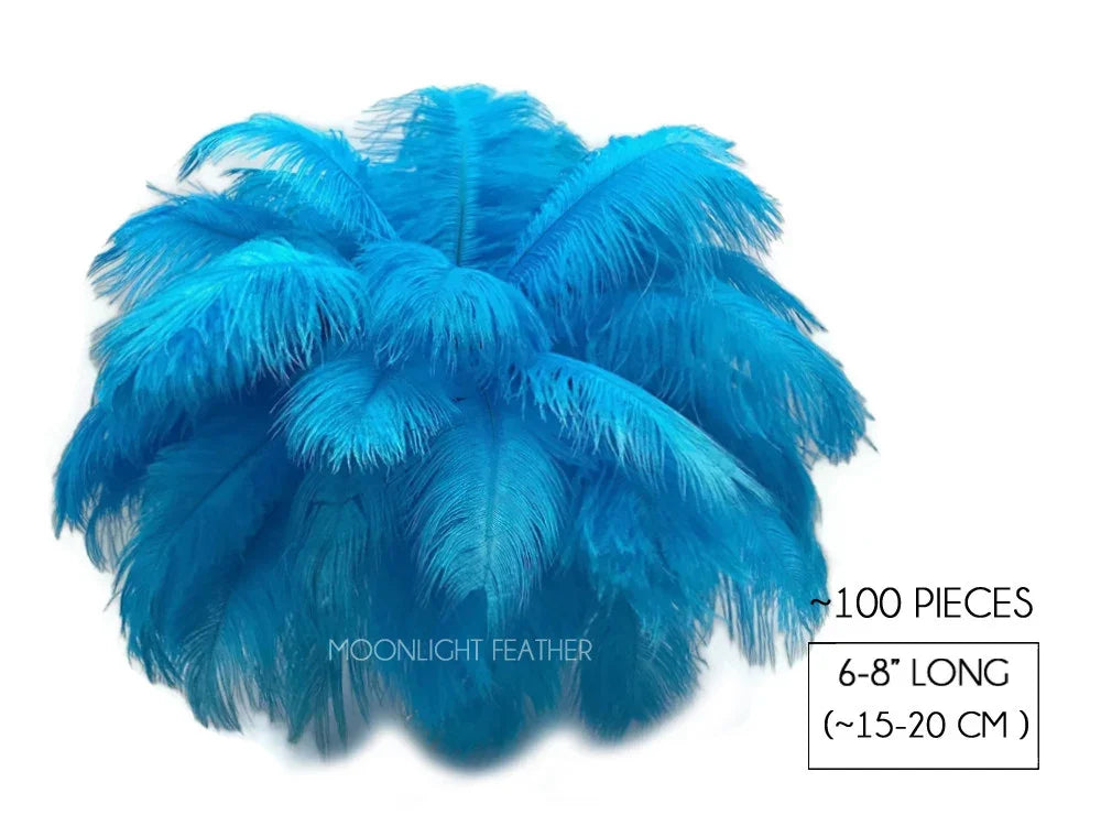 Bulk pack of 100 bright blue ostrich feathers, 6-8 inches long, for crafts and fashion DIY.