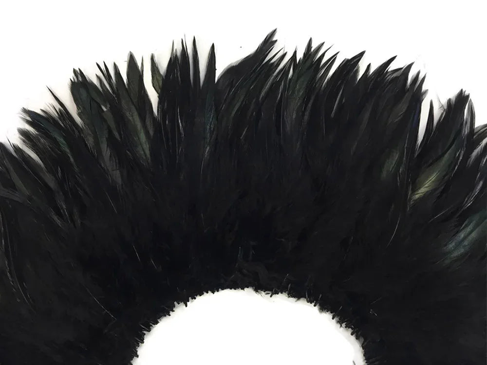 Black decorative feathers arranged in a curved shape for DIY crafts and fashion accessories.
