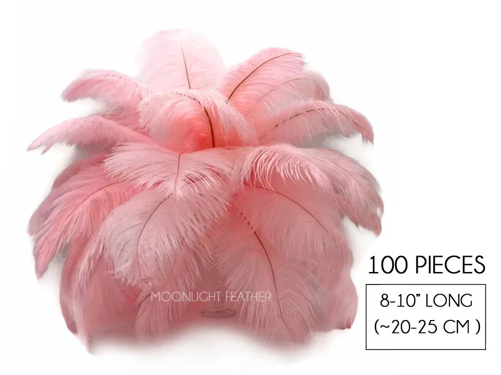 100 pieces of soft pink ostrich feathers, 8-10 inches long for DIY crafts and fashion decor.