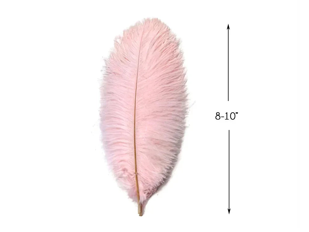 Soft pink ostrich feather for crafts and fashion decor, 8-10 inches long.