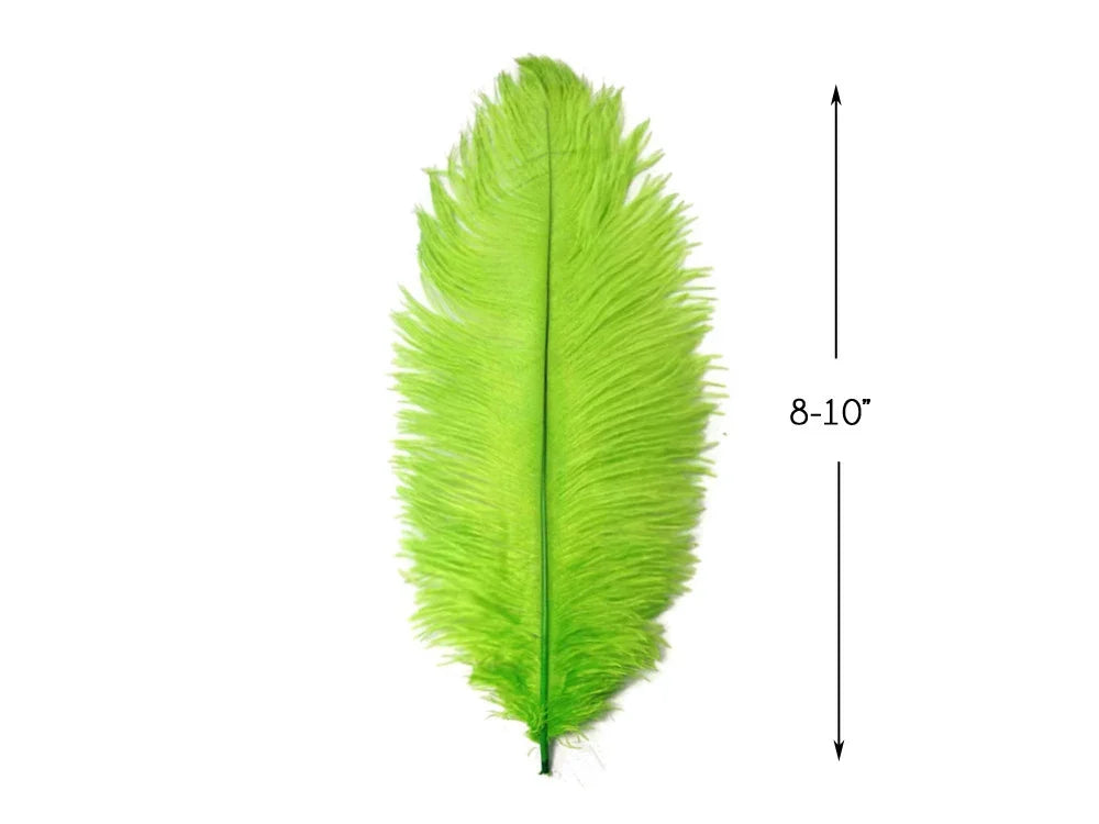 Bright lime green ostrich feather for crafts and fashion, 8-10 inches long.