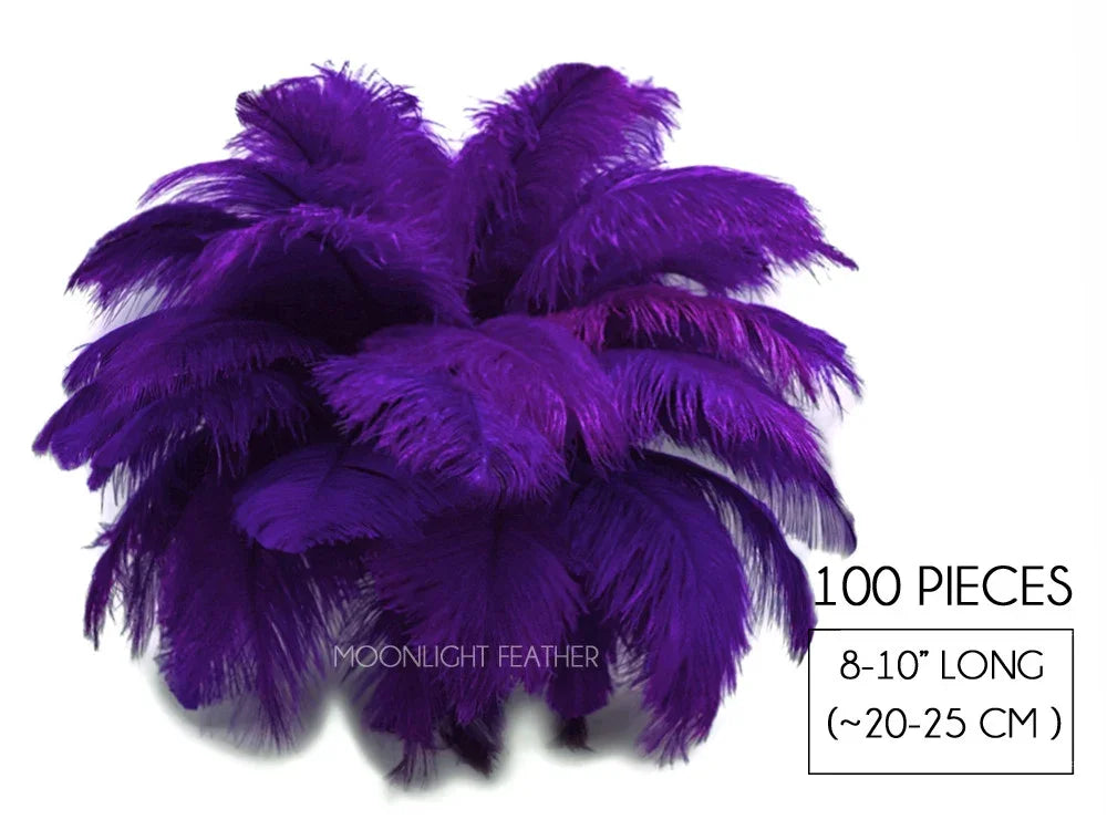 100 pieces of vibrant purple ostrich feathers, 8-10 inches long for crafts and fashion decor.