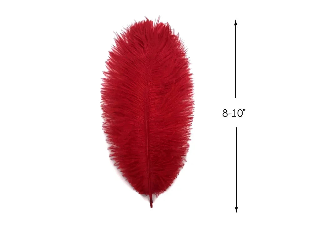 Single vibrant red feather, 8-10 inches long, for crafts and fashion DIY supplies.