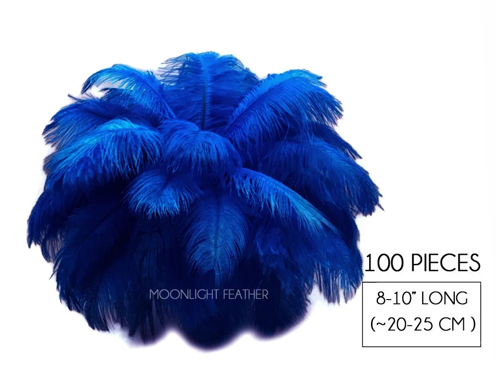 100 pieces of vibrant blue ostrich feathers, 8-10 inches long for crafts and fashion decor.