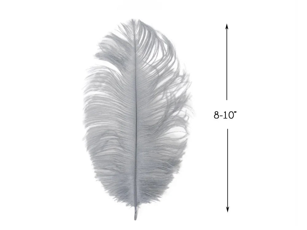 Single grey ostrich feather for crafts and fashion, 8-10 inches long.