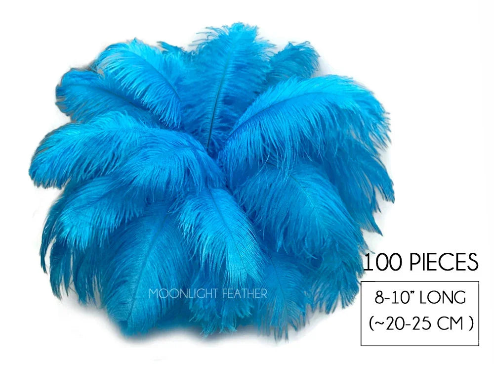 100 pieces of vibrant blue ostrich feathers, 8-10 inches long for crafts and fashion decor.