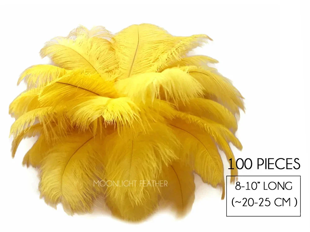 100 pieces of 8-10 inch long bright yellow ostrich feathers for crafts and fashion decor.
