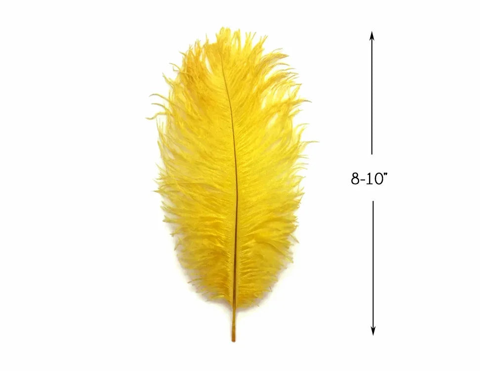 Bright yellow ostrich feather for crafts and fashion decor, 8-10 inches long.