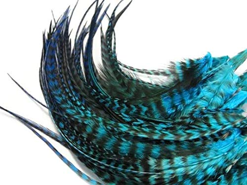 1 Dozen - Medium Turquoise Blue Grizzly Rooster Saddle Whiting Hair Extension Feathers