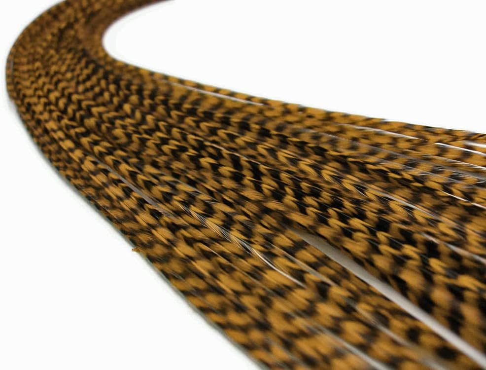 1 Dozen - Medium Golden Olive Grizzly Rooster Saddle Whiting Hair Extension Feathers