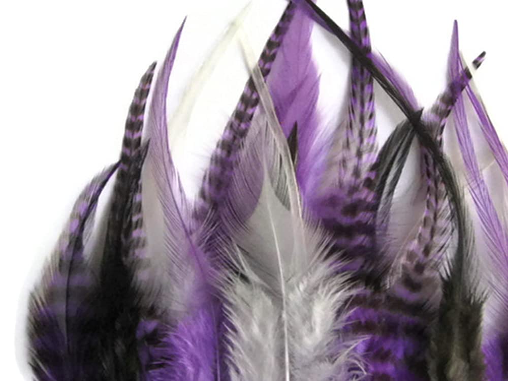 2 Dozen - Short Purple Mix Grizzly Whiting Farms Rooster Hair Extension Feathers