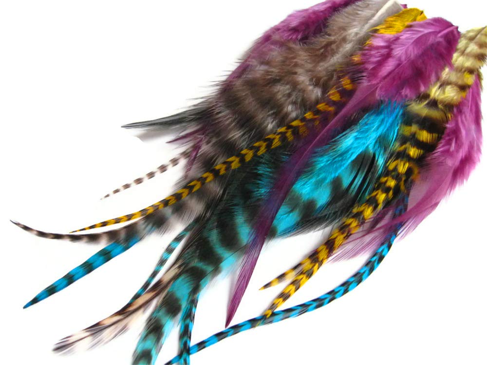 2 Dozen - Short Pixie Mix Grizzly Whiting Farms Rooster Hair Extension Feathers