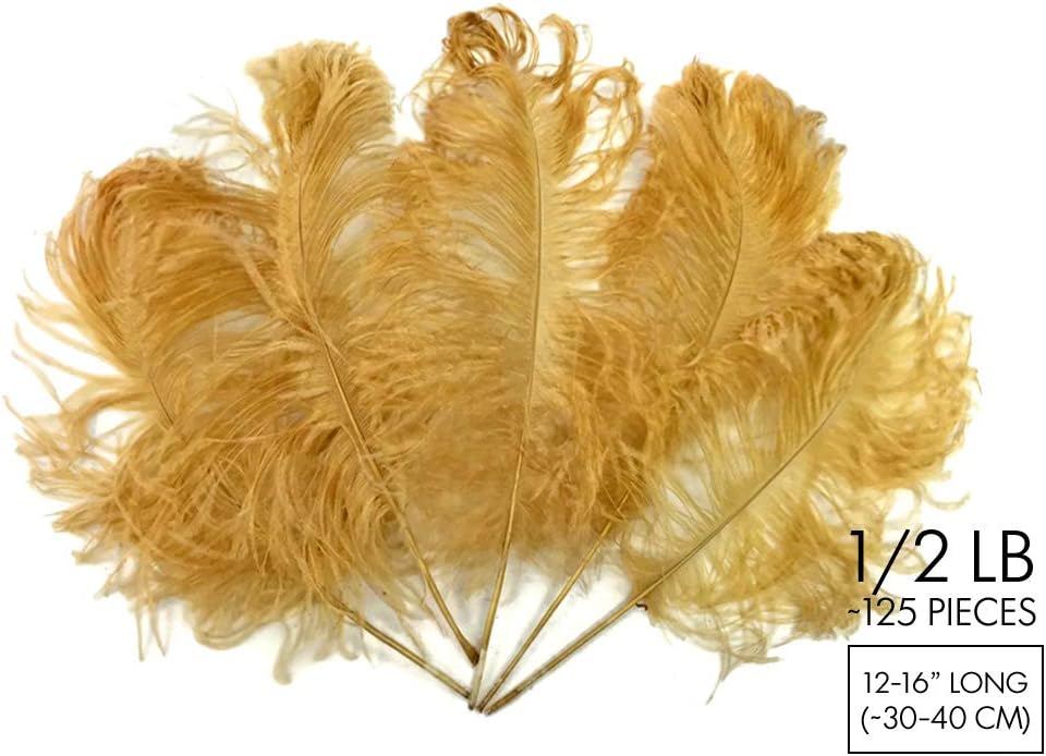 10 Pieces - 12-16" Antique Gold Dyed Ostrich Tail Fancy Feathers