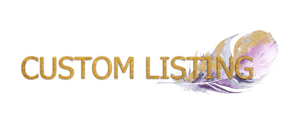 Gold glitter text reading CUSTOM LISTING with a purple and gold decorative feather.