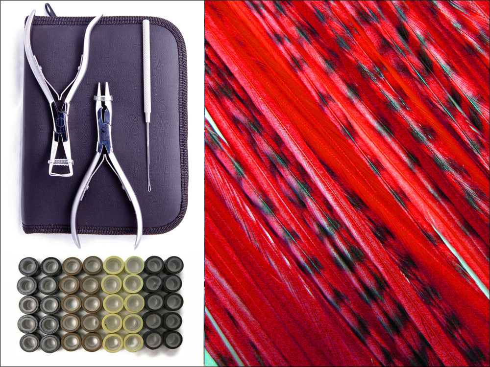 Crimson Duo Pack - Hair Extension Whiting Farm Feather Stainless Tool Kit & Silicone Beads