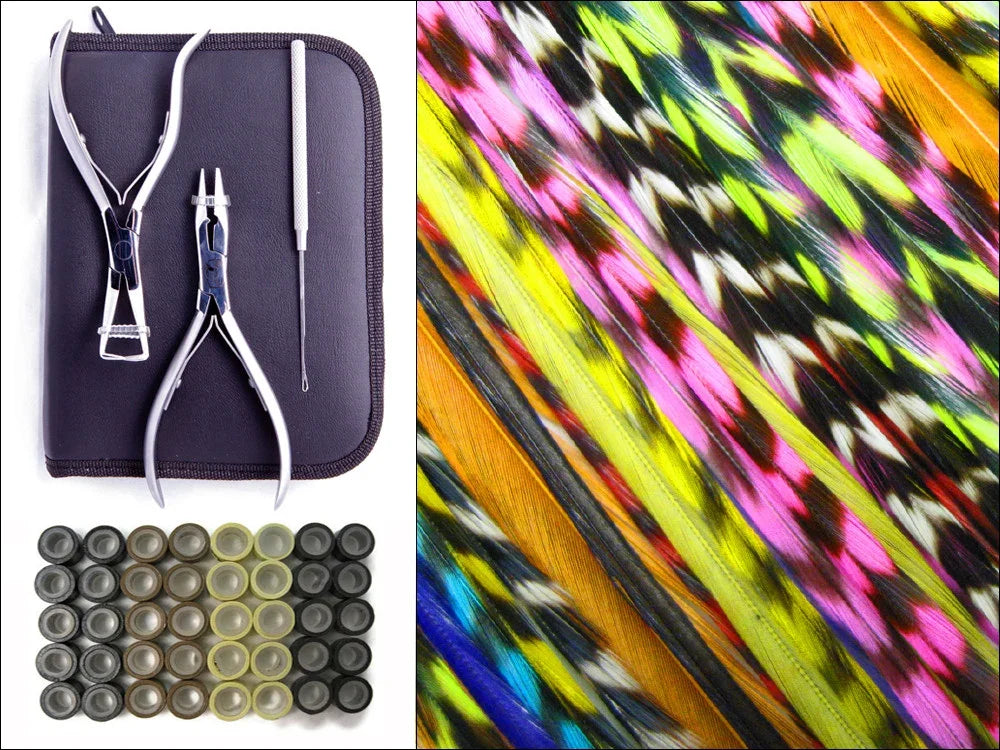 Feather crafting tools including pliers and needle with colorful vibrant feathers.