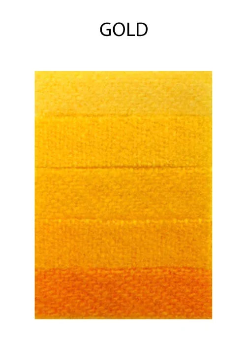 Gold colored feather texture swatch showing vibrant yellow and orange hues.