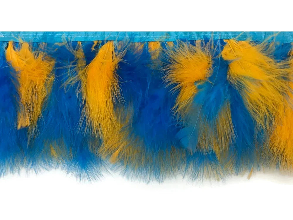 Vibrant blue and yellow ostrich feather trim for fashion and DIY crafts.