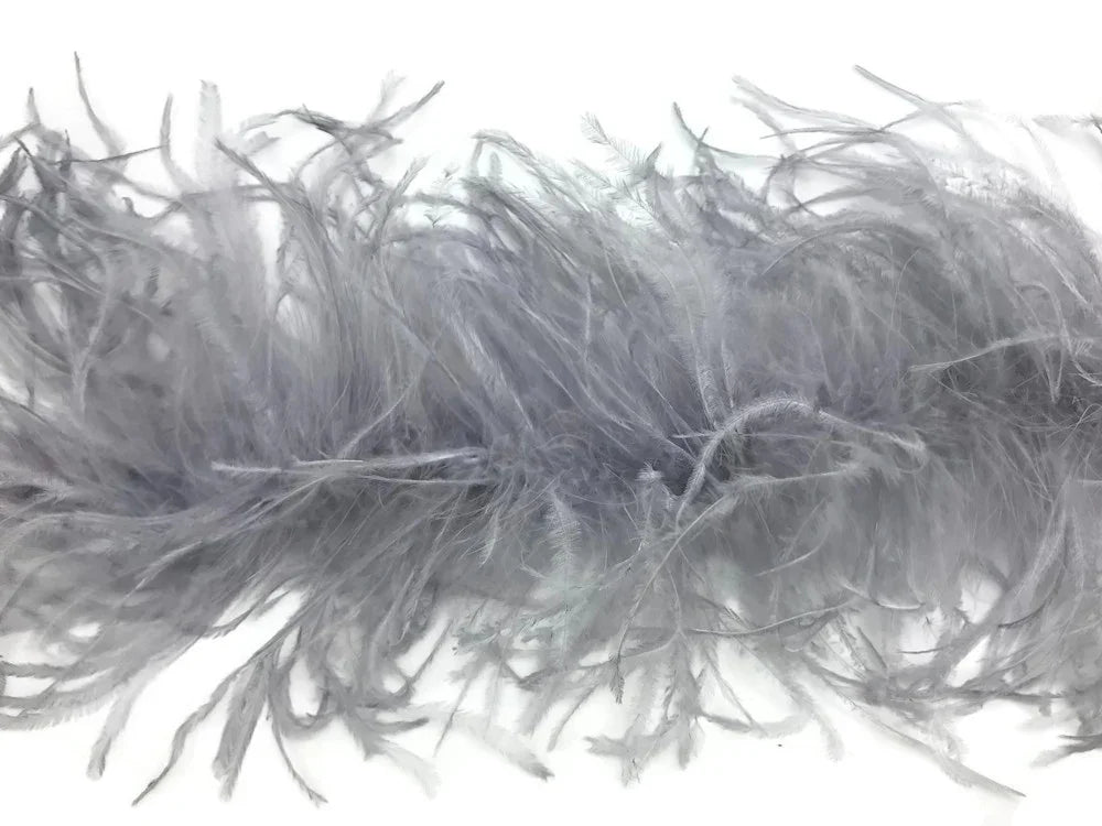 Soft grey ostrich feathers for DIY crafts, fashion accessories, and elegant décor.