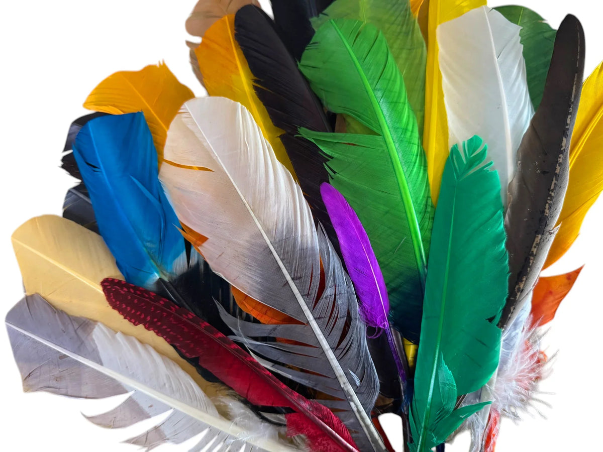 A vibrant assortment of colorful craft feathers in blue, green, yellow, and white.
