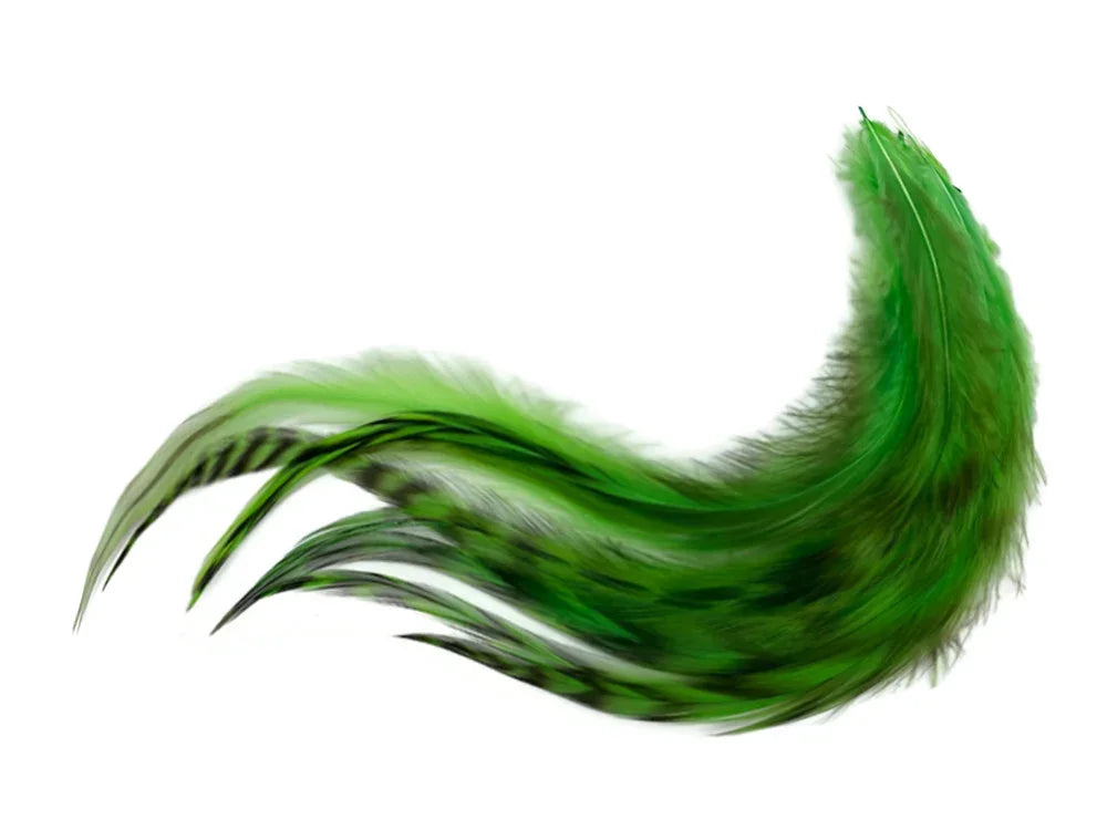 Vibrant green flowing feathers for DIY crafts and fashion decor on a white background.