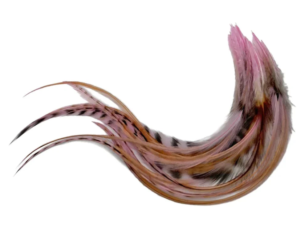 Curved pink and brown patterned feathers for DIY crafts and fashion accessories.