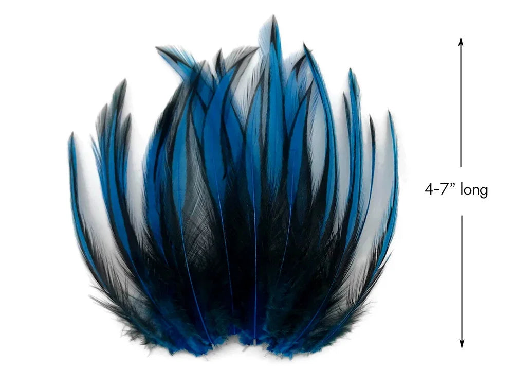 Blue and black decorative feathers for crafts and fashion, 4-7 inches long.