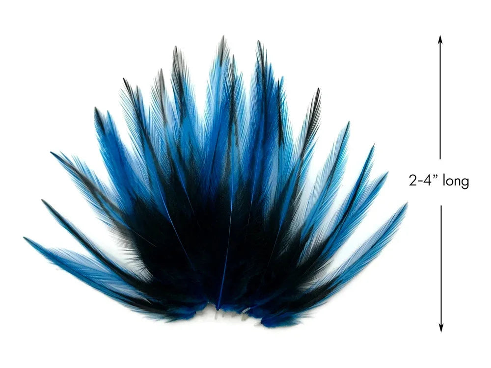 Vibrant blue and black craft feathers, 2-4 inches long, for DIY fashion and décor.