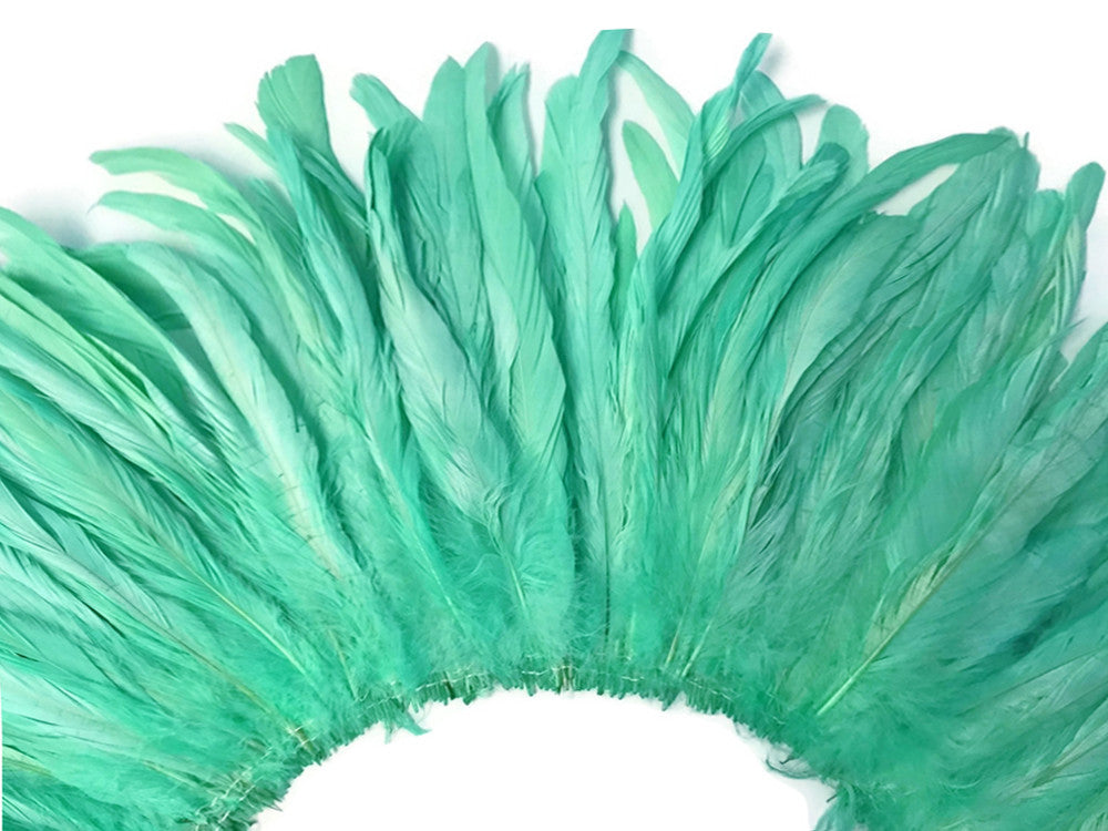 2.5 Inch Strip - Mint Green Strung Natural Bleach & Dyed Coque Tails Feathers