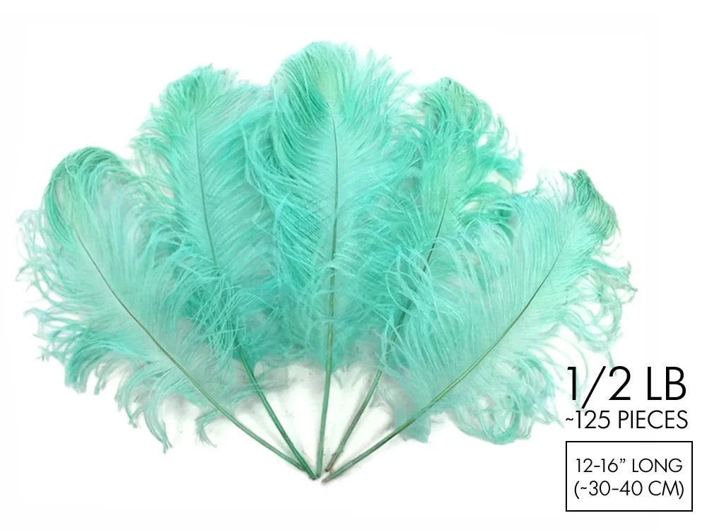Bundle of 125 teal ostrich feathers, 12-16 inches long for DIY crafts and fashion decor.