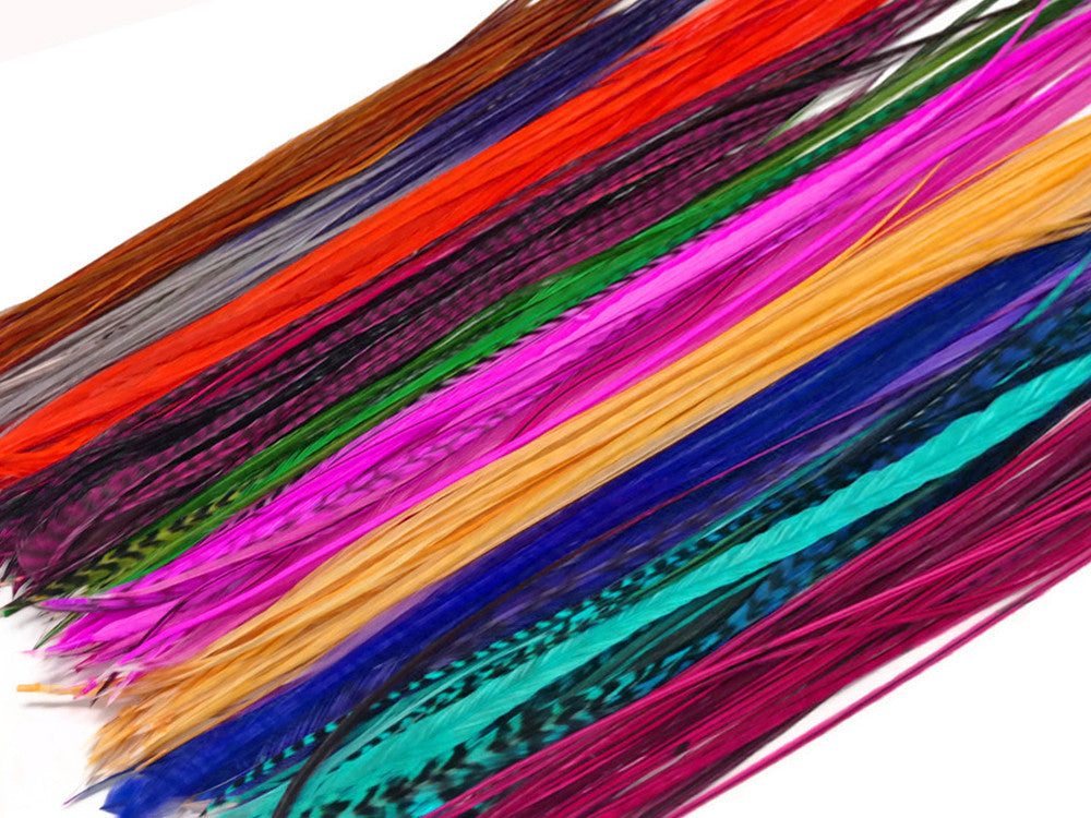 50 Pieces - Colorful Thin Long Whiting Farms Rooster Saddle Hair Extension Wholesale Feathers (Bulk)