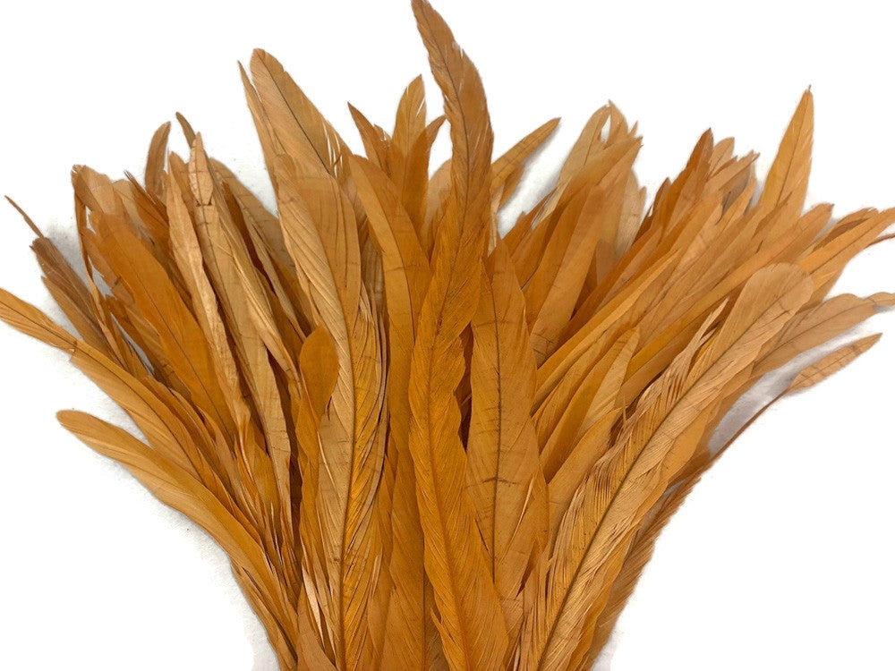 1/2 Yard - 14-16" Antique Gold Strung Natural Bleach & Dyed Rooster Coque Tail Wholesale Feathers (Bulk)