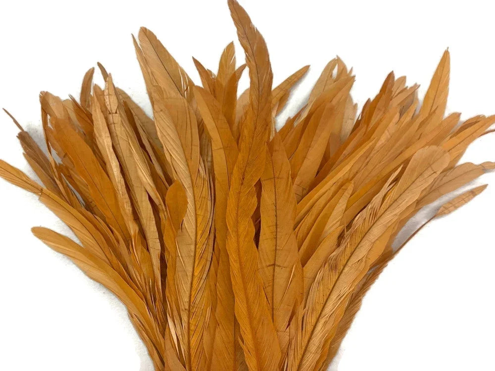 Bundle of natural golden brown feathers for DIY crafts and fashion accessories.