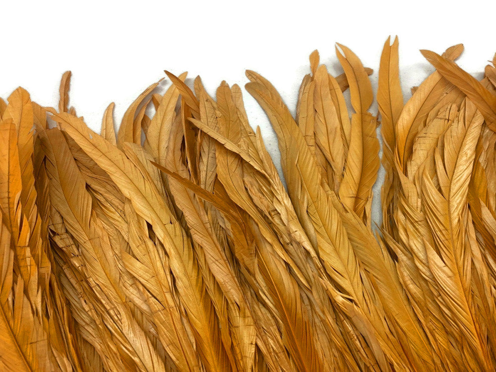 1/2 Yard - 14-16" Antique Gold Strung Natural Bleach & Dyed Rooster Coque Tail Wholesale Feathers (Bulk)
