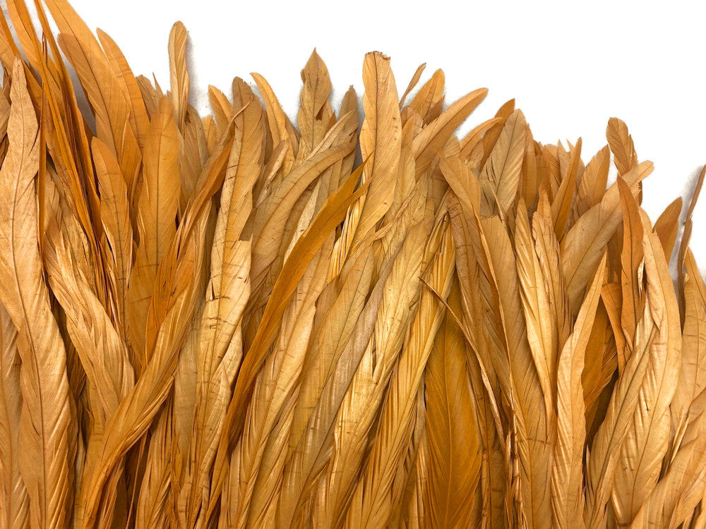 1/2 Yard - 14-16" Antique Gold Strung Natural Bleach & Dyed Rooster Coque Tail Wholesale Feathers (Bulk)