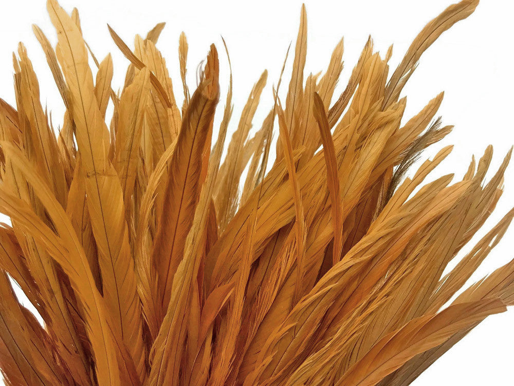 1/2 Yard - 14-16" Antique Gold Strung Natural Bleach & Dyed Rooster Coque Tail Wholesale Feathers (Bulk)