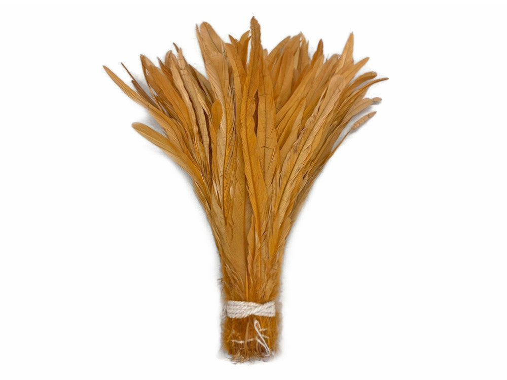 1/2 Yard - 14-16" Antique Gold Strung Natural Bleach & Dyed Rooster Coque Tail Wholesale Feathers (Bulk)