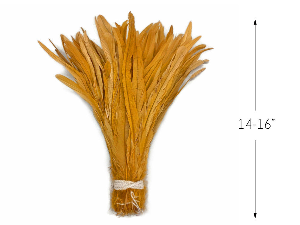 1/2 Yard - 14-16" Antique Gold Strung Natural Bleach & Dyed Rooster Coque Tail Wholesale Feathers (Bulk)