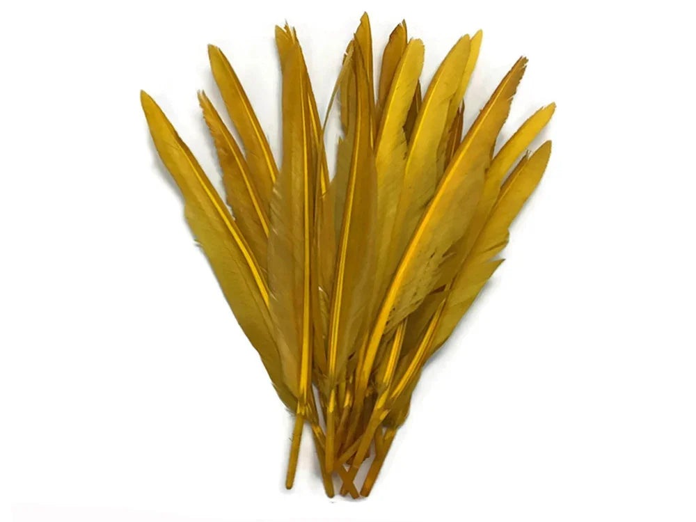 Vibrant golden yellow feathers for DIY crafts and fashion accessories on a white background.