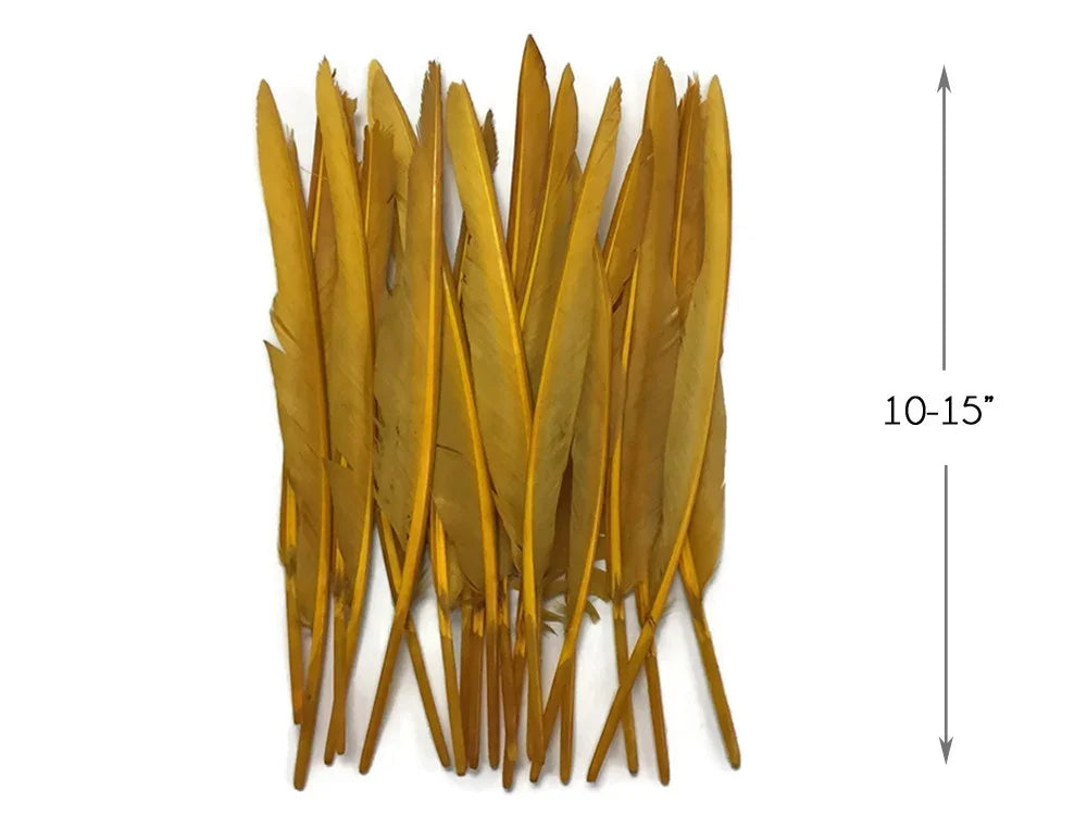 Bundle of 10-15 inch long golden yellow feathers for DIY crafts and fashion décor.